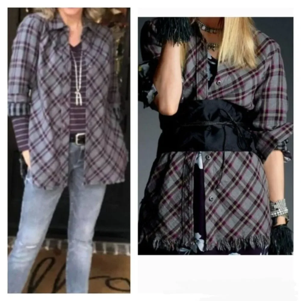 Cabi Highland Flannel Gray Purple Plaid Button Down Tunic Shirt Long Sleeve XS - Picture 4 of 10